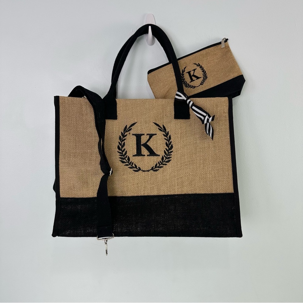 Crstafu Light Canvas Tote & Makeup Bag Set Tan & Black With "K" Monogram